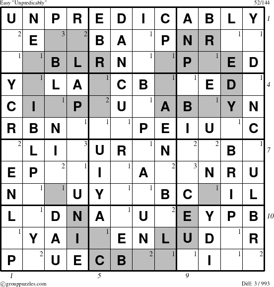 The grouppuzzles.com Easy Unpredicably puzzle for  with all 3 steps marked