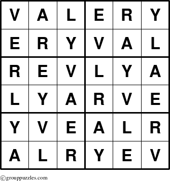 The grouppuzzles.com Answer grid for the Valery puzzle for 