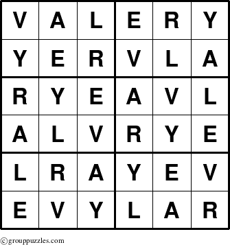 The grouppuzzles.com Answer grid for the Valery puzzle for 