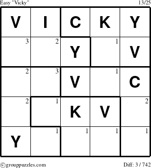 The grouppuzzles.com Easy Vicky puzzle for  with the first 3 steps marked