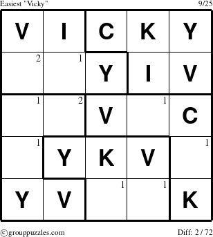 The grouppuzzles.com Easiest Vicky puzzle for  with the first 2 steps marked