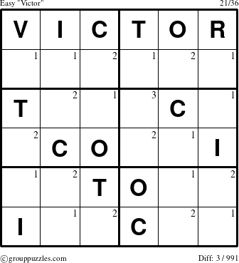 The grouppuzzles.com Easy Victor puzzle for  with the first 3 steps marked