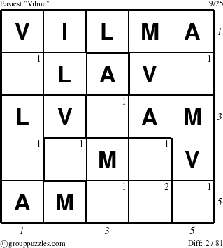 The grouppuzzles.com Easiest Vilma puzzle for , suitable for printing, with all 2 steps marked