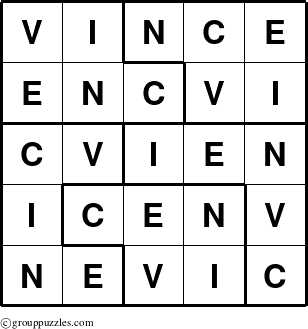 The grouppuzzles.com Answer grid for the Vince puzzle for 