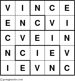 The grouppuzzles.com Answer grid for the Vince puzzle for 