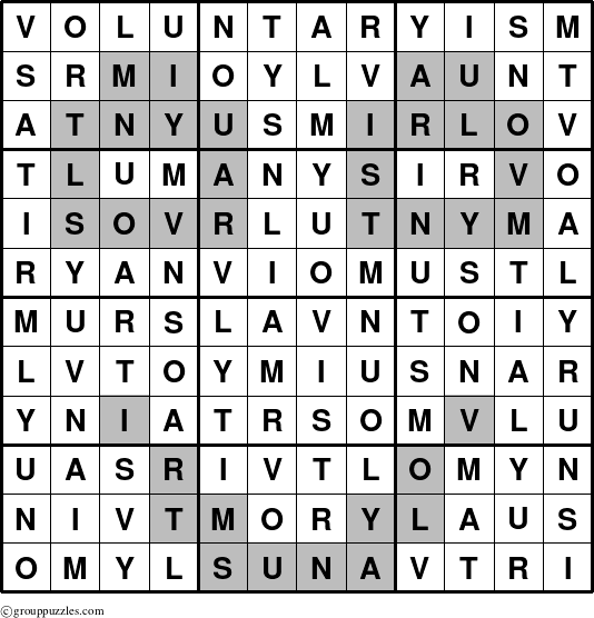 The grouppuzzles.com Answer grid for the Voluntaryism puzzle for 