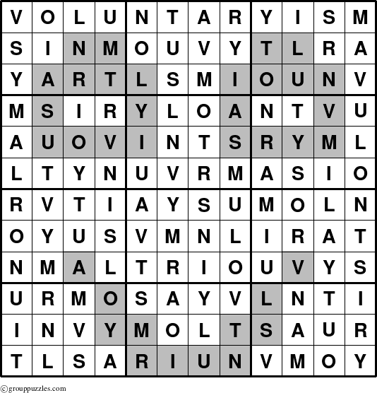The grouppuzzles.com Answer grid for the Voluntaryism puzzle for 
