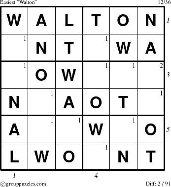 The grouppuzzles.com Easiest Walton puzzle for , suitable for printing, with all 2 steps marked