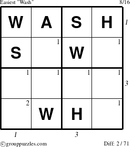 The grouppuzzles.com Easiest Wash puzzle for , suitable for printing, with all 2 steps marked