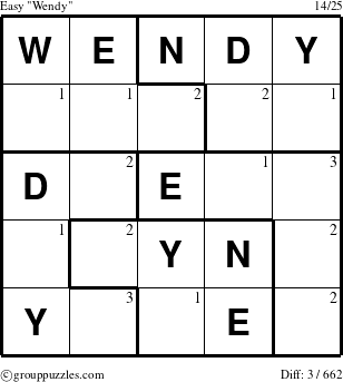 The grouppuzzles.com Easy Wendy puzzle for  with the first 3 steps marked