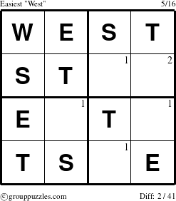 The grouppuzzles.com Easiest West puzzle for  with the first 2 steps marked