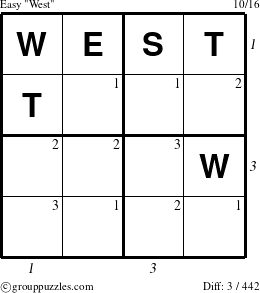 The grouppuzzles.com Easy West puzzle for , suitable for printing, with all 3 steps marked