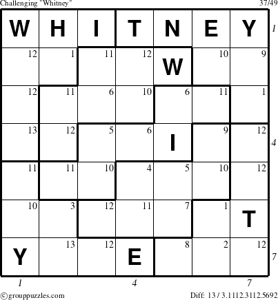 The grouppuzzles.com Challenging Whitney puzzle for , suitable for printing, with all 13 steps marked