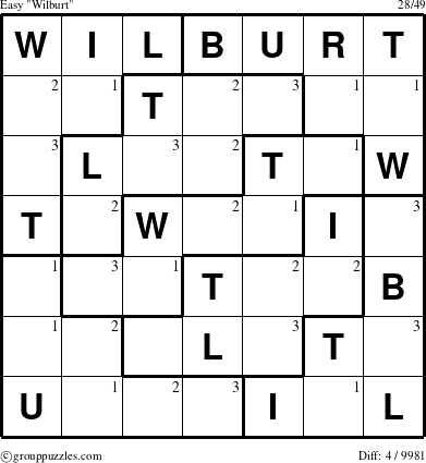 The grouppuzzles.com Easy Wilburt puzzle for  with the first 3 steps marked