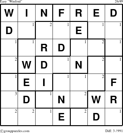 The grouppuzzles.com Easy Winfred puzzle for  with the first 3 steps marked