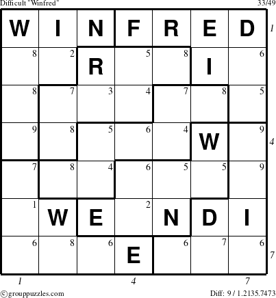 The grouppuzzles.com Difficult Winfred puzzle for , suitable for printing, with all 9 steps marked