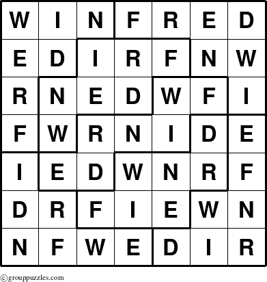 The grouppuzzles.com Answer grid for the Winfred puzzle for 