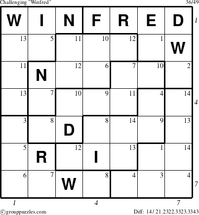 The grouppuzzles.com Challenging Winfred puzzle for , suitable for printing, with all 14 steps marked