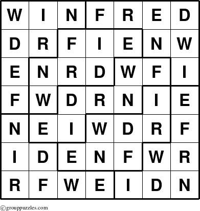 The grouppuzzles.com Answer grid for the Winfred puzzle for 