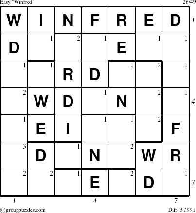 The grouppuzzles.com Easy Winfred puzzle for  with all 3 steps marked