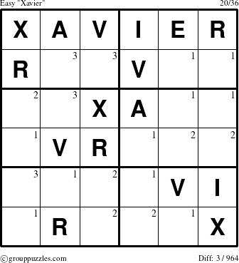 The grouppuzzles.com Easy Xavier puzzle for  with the first 3 steps marked