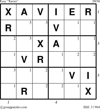 The grouppuzzles.com Easy Xavier puzzle for  with all 3 steps marked