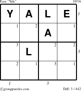 The grouppuzzles.com Easy Yale puzzle for  with all 3 steps marked