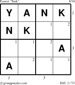 The grouppuzzles.com Easiest Yank puzzle for , suitable for printing, with all 2 steps marked