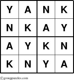 The grouppuzzles.com Answer grid for the Yank puzzle for 