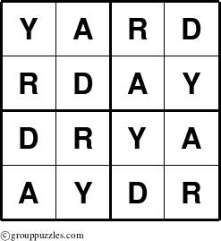 The grouppuzzles.com Answer grid for the Yard puzzle for 