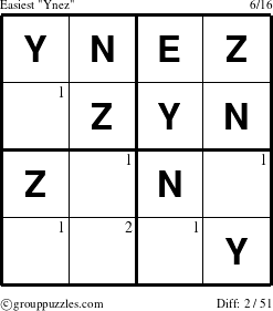 The grouppuzzles.com Easiest Ynez puzzle for  with the first 2 steps marked