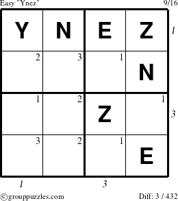 The grouppuzzles.com Easy Ynez puzzle for , suitable for printing, with all 3 steps marked