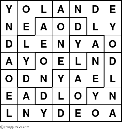 The grouppuzzles.com Answer grid for the Yolande puzzle for 