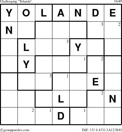 The grouppuzzles.com Challenging Yolande puzzle for  with the first 3 steps marked