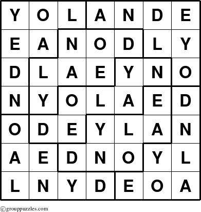 The grouppuzzles.com Answer grid for the Yolande puzzle for 