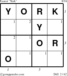 The grouppuzzles.com Easiest York puzzle for , suitable for printing, with all 2 steps marked