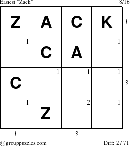 The grouppuzzles.com Easiest Zack puzzle for , suitable for printing, with all 2 steps marked