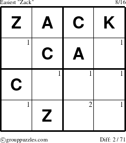 The grouppuzzles.com Easiest Zack puzzle for  with the first 2 steps marked