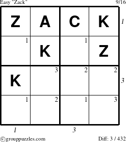 The grouppuzzles.com Easy Zack puzzle for , suitable for printing, with all 3 steps marked