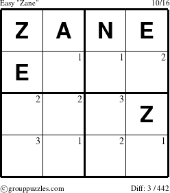 The grouppuzzles.com Easy Zane puzzle for  with the first 3 steps marked