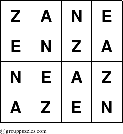 The grouppuzzles.com Answer grid for the Zane puzzle for 