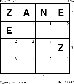 The grouppuzzles.com Easy Zane puzzle for  with all 3 steps marked