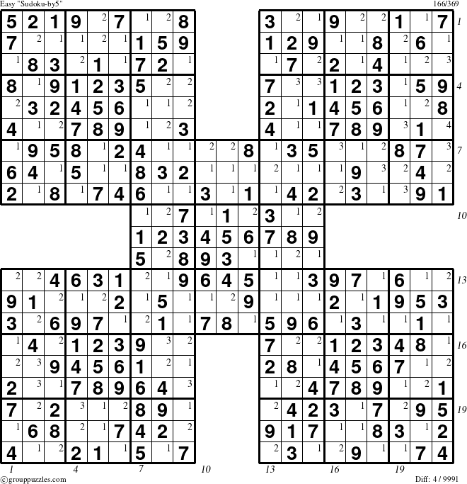 The grouppuzzles.com Easy cover-by5 puzzle for  with all 4 steps marked