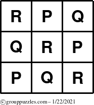 The grouppuzzles.com Answer grid for the TicTac-PQR puzzle for Friday January 22, 2021