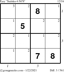 The grouppuzzles.com Easy Sudoku-4-5678 puzzle for Friday January 22, 2021, suitable for printing, with all 3 steps marked