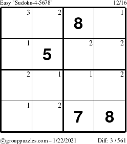 The grouppuzzles.com Easy Sudoku-4-5678 puzzle for Friday January 22, 2021 with the first 3 steps marked