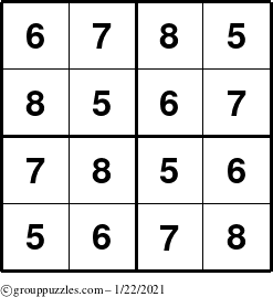 The grouppuzzles.com Answer grid for the Sudoku-4-5678 puzzle for Friday January 22, 2021