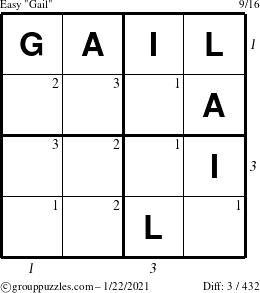 The grouppuzzles.com Easy Gail puzzle for Friday January 22, 2021 with all 3 steps marked