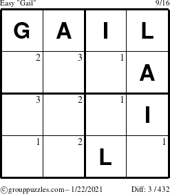 The grouppuzzles.com Easy Gail puzzle for Friday January 22, 2021 with the first 3 steps marked