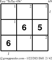 The grouppuzzles.com Easy TicTac-456 puzzle for Friday January 22, 2021 with all 2 steps marked